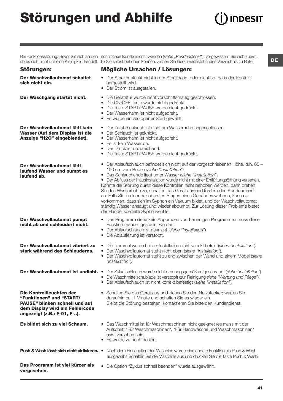 Störungen und abhilfe, Störungen, Mögliche ursachen / lösungen | Indesit XWE-91483X-W-EU User Manual | Page 41 / 72