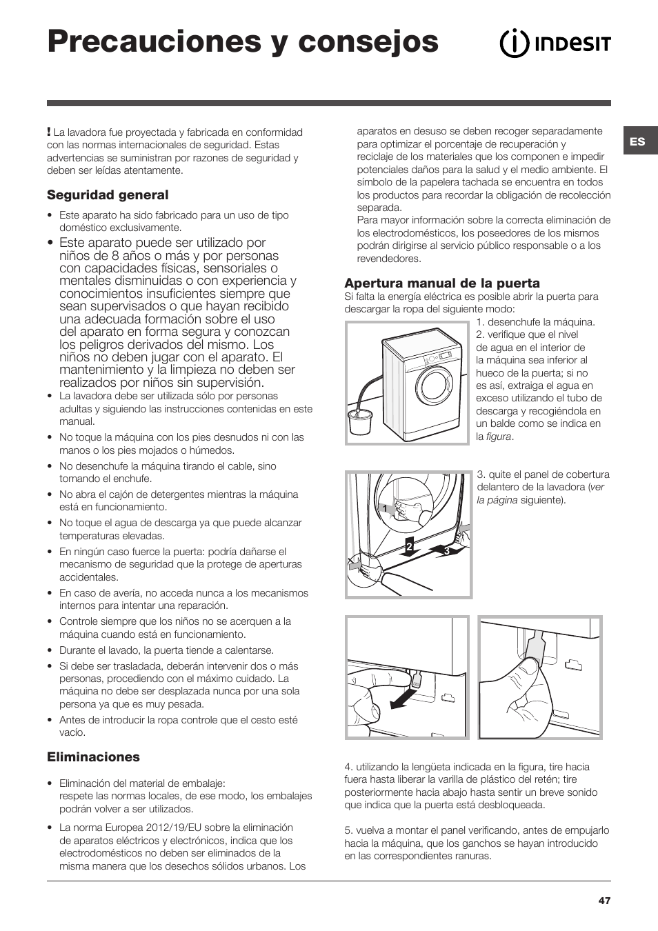 Precauciones y consejos | Indesit XWE-91483X-W-EU User Manual | Page 47 / 72