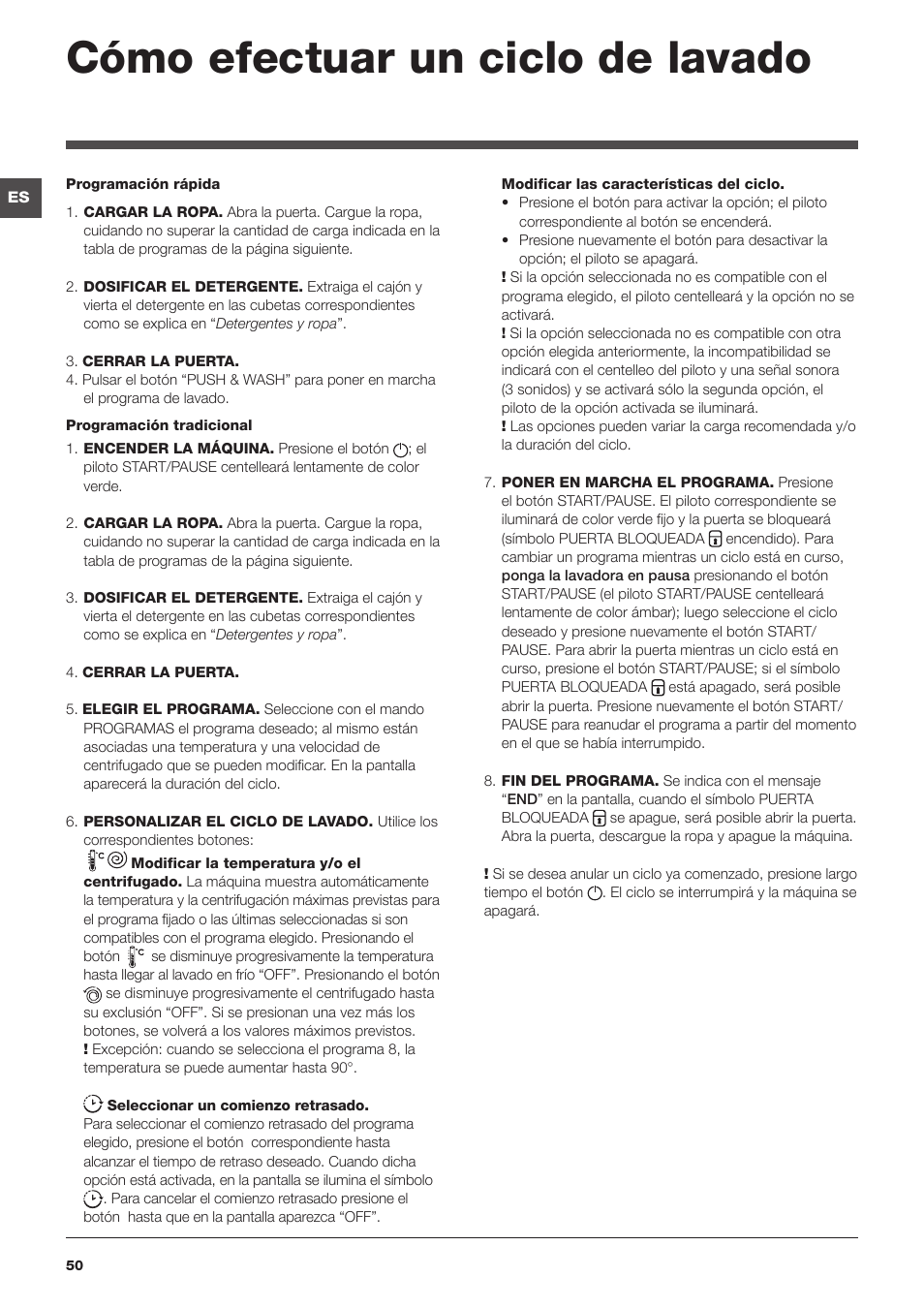 Cómo efectuar un ciclo de lavado | Indesit XWE-91483X-W-EU User Manual | Page 50 / 72