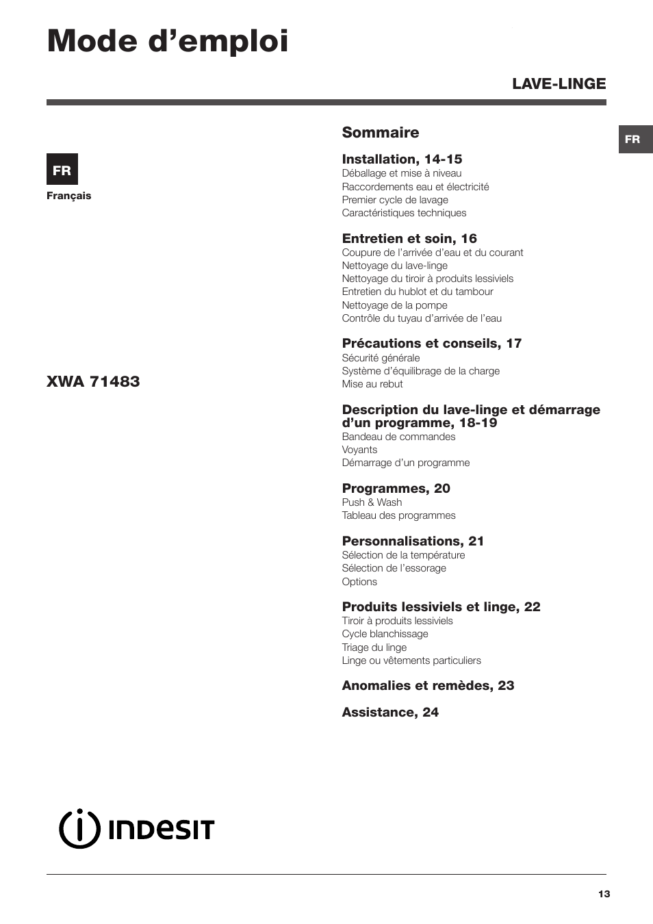 Mode d’emploi | Indesit XWA-71483X-W-EU User Manual | Page 13 / 72
