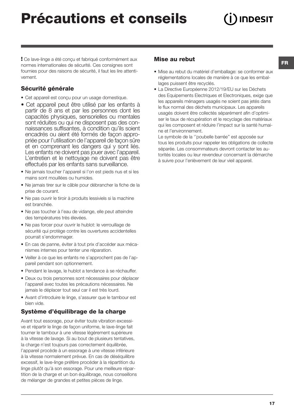 Précautions et conseils | Indesit XWA-71483X-W-EU User Manual | Page 17 / 72