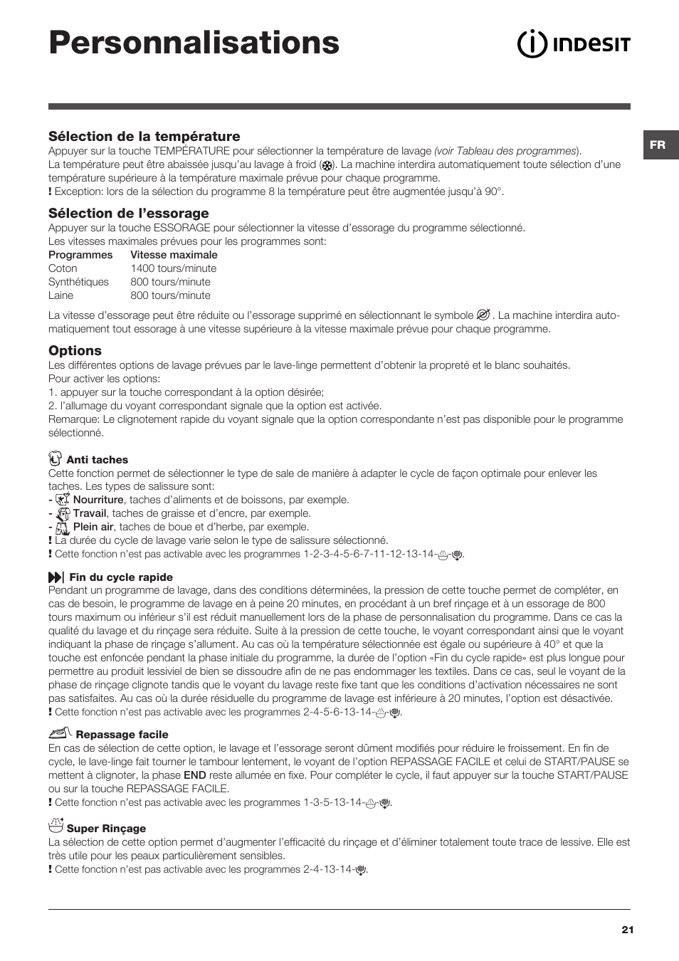 Personnalisations | Indesit XWA-71483X-W-EU User Manual | Page 21 / 72