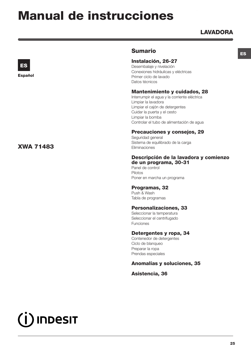 Manual de instrucciones | Indesit XWA-71483X-W-EU User Manual | Page 25 / 72