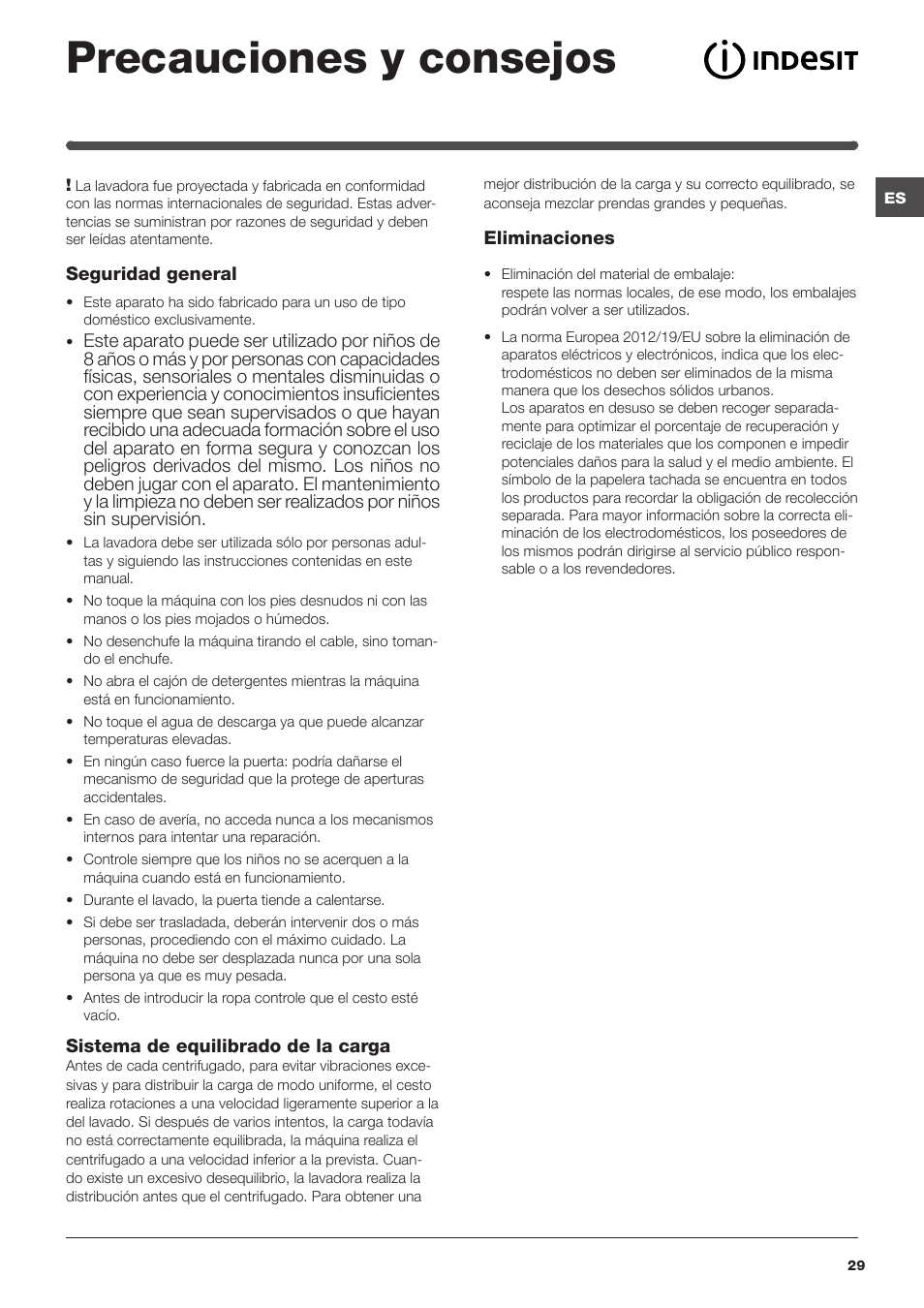 Precauciones y consejos | Indesit XWA-71483X-W-EU User Manual | Page 29 / 72