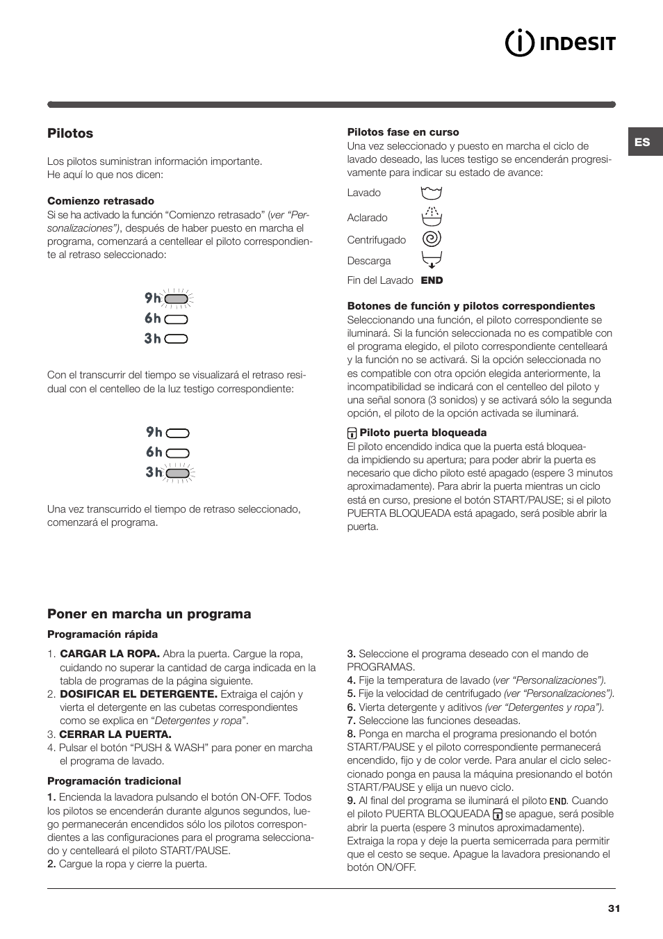 Pilotos, Poner en marcha un programa | Indesit XWA-71483X-W-EU User Manual | Page 31 / 72