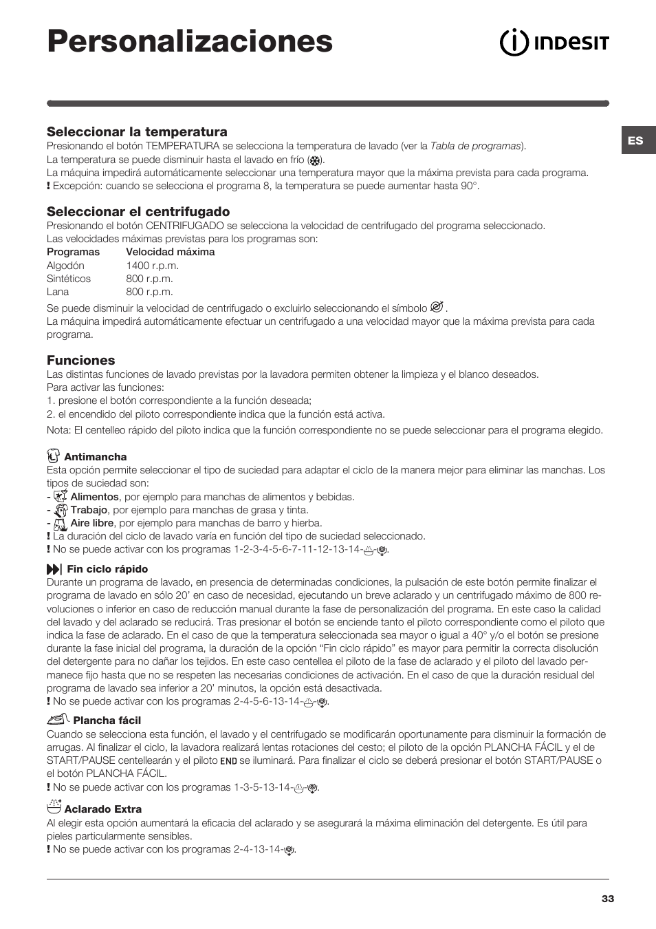 Personalizaciones | Indesit XWA-71483X-W-EU User Manual | Page 33 / 72