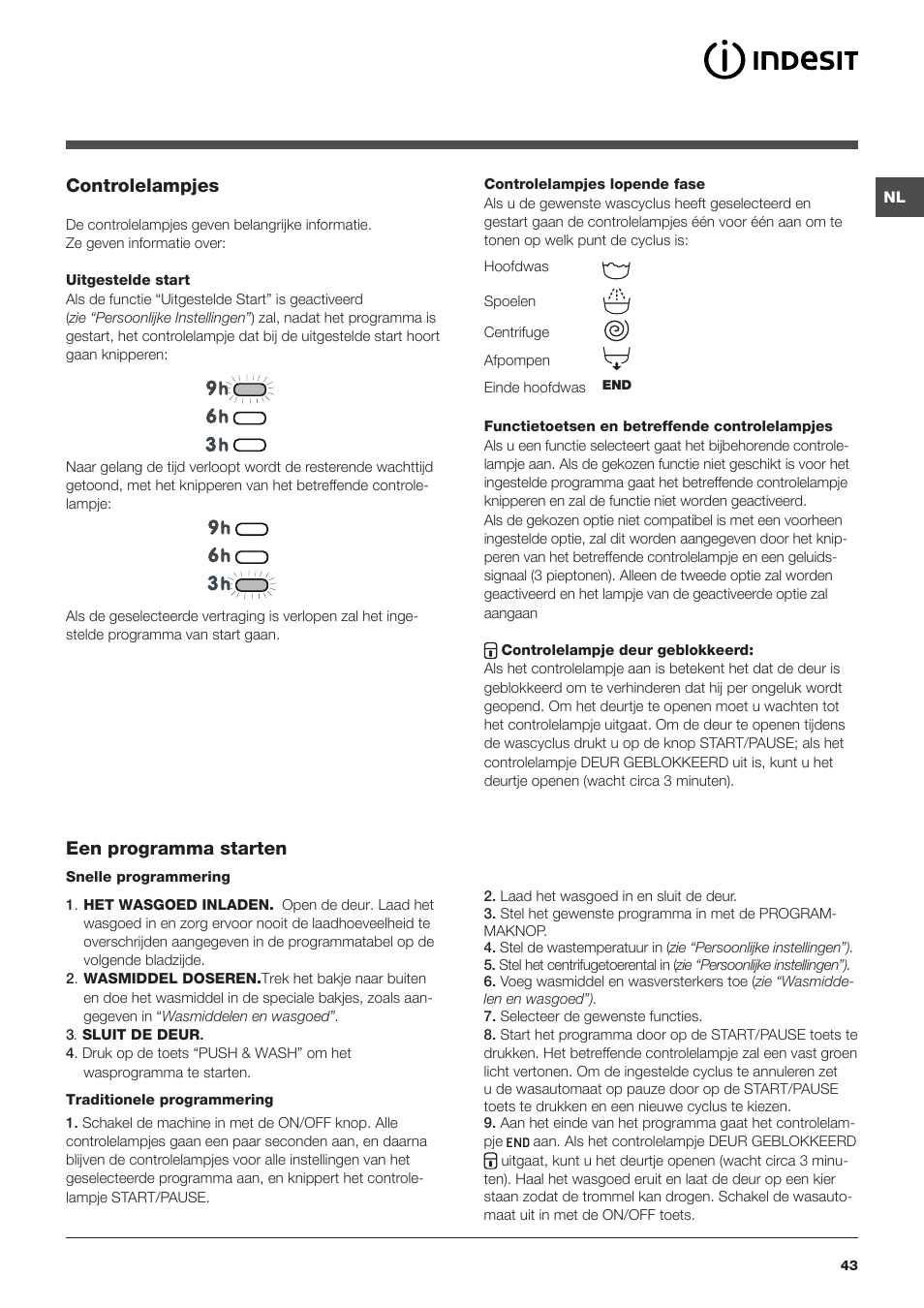 Controlelampjes, Een programma starten | Indesit XWA-71483X-W-EU User Manual | Page 43 / 72
