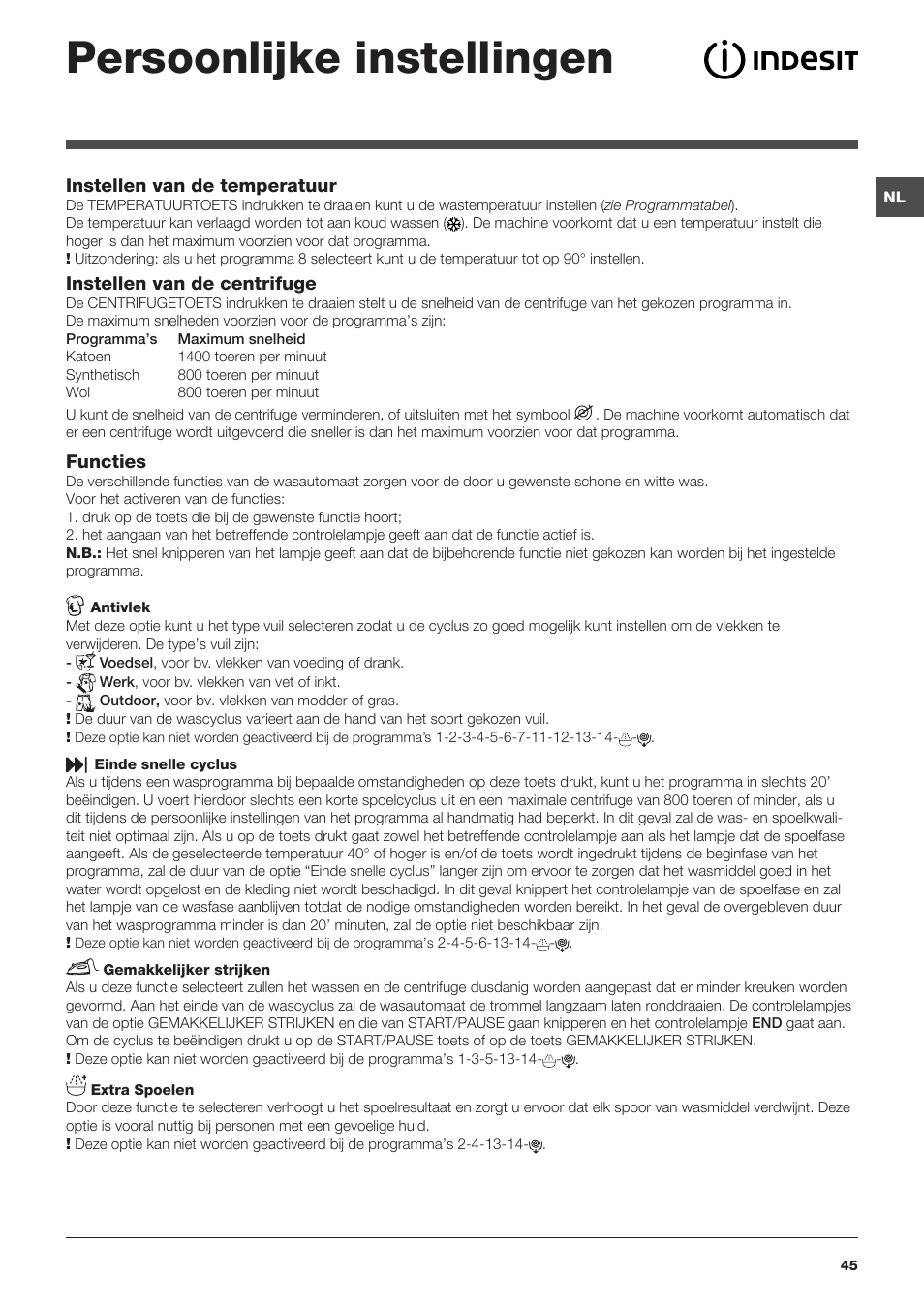 Persoonlijke instellingen | Indesit XWA-71483X-W-EU User Manual | Page 45 / 72