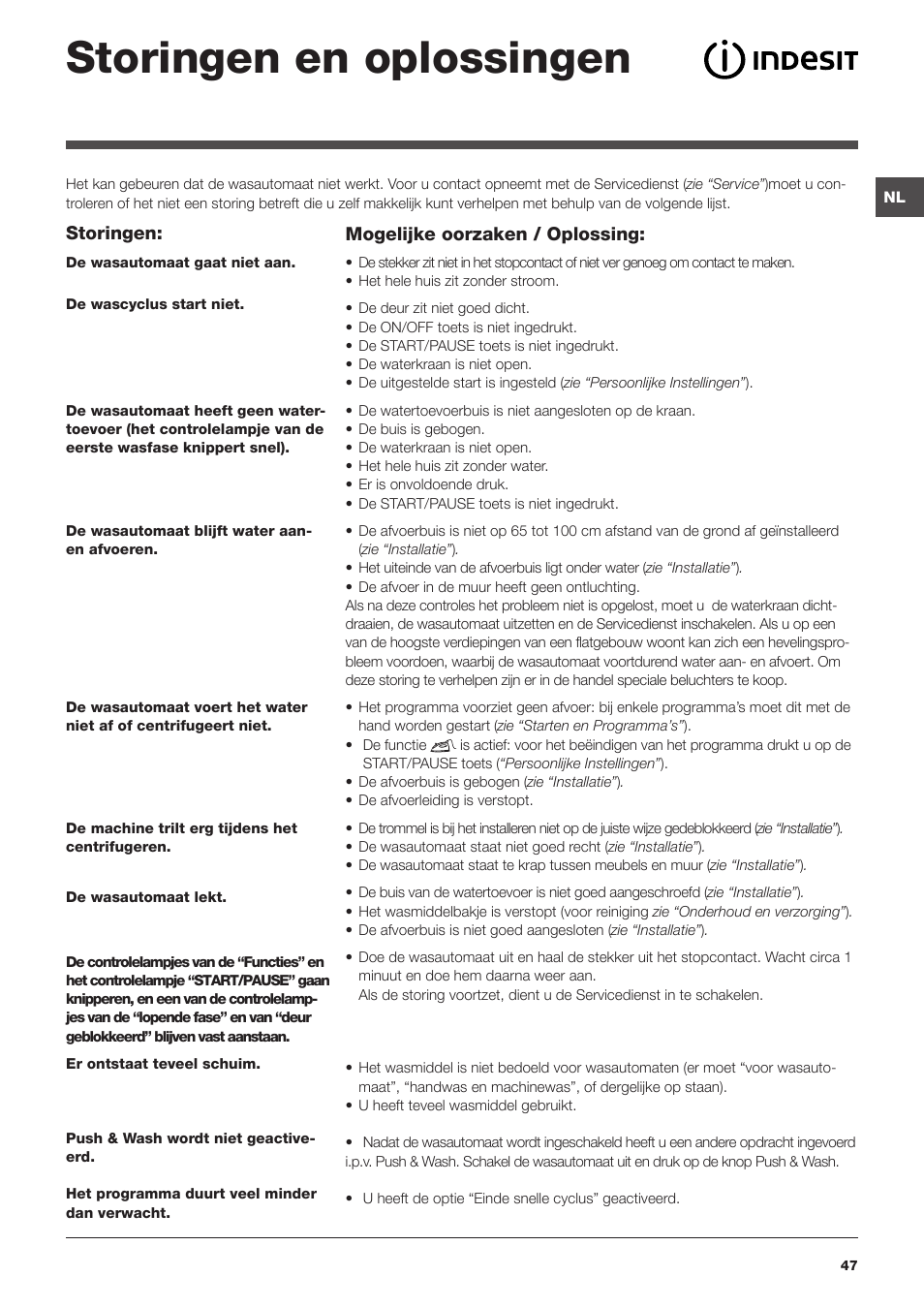 Storingen en oplossingen | Indesit XWA-71483X-W-EU User Manual | Page 47 / 72