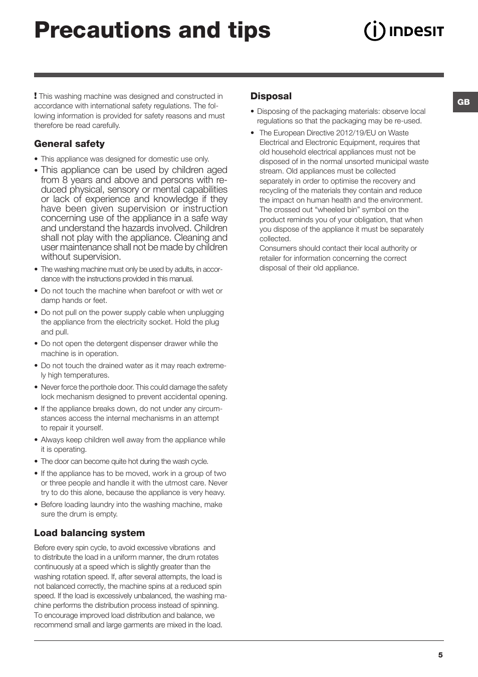 Precautions and tips | Indesit XWA-71483X-W-EU User Manual | Page 5 / 72