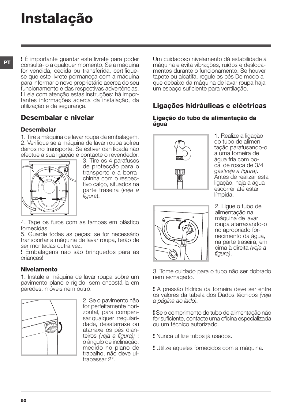 Instalação | Indesit XWA-71483X-W-EU User Manual | Page 50 / 72