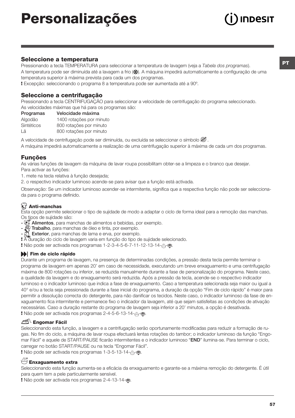 Personalizações | Indesit XWA-71483X-W-EU User Manual | Page 57 / 72