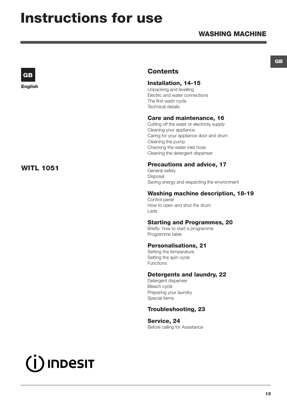 Instructions for use | Indesit WITL-1051(EU) User Manual | Page 13 / 48