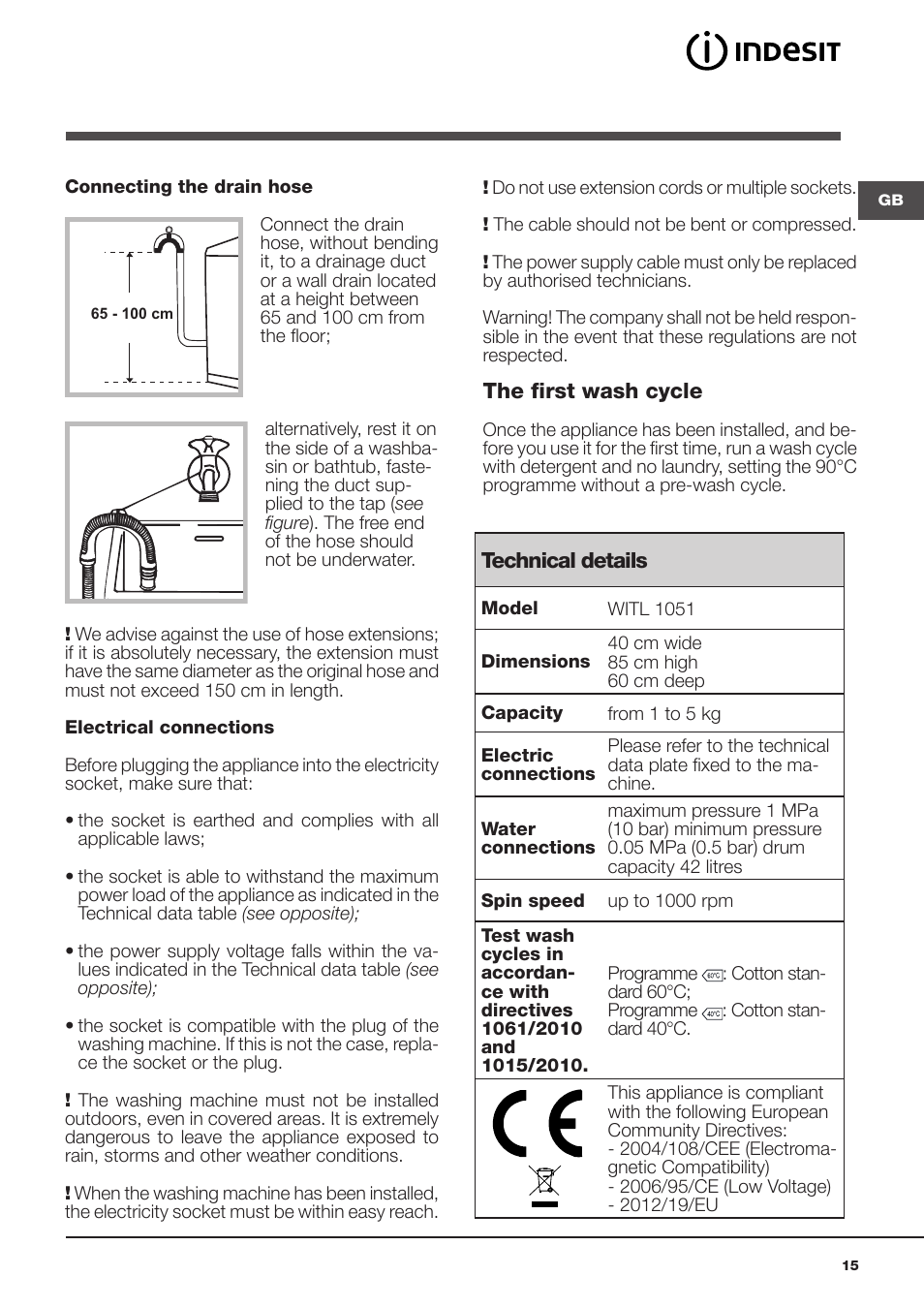 Indesit WITL-1051(EU) User Manual | Page 15 / 48