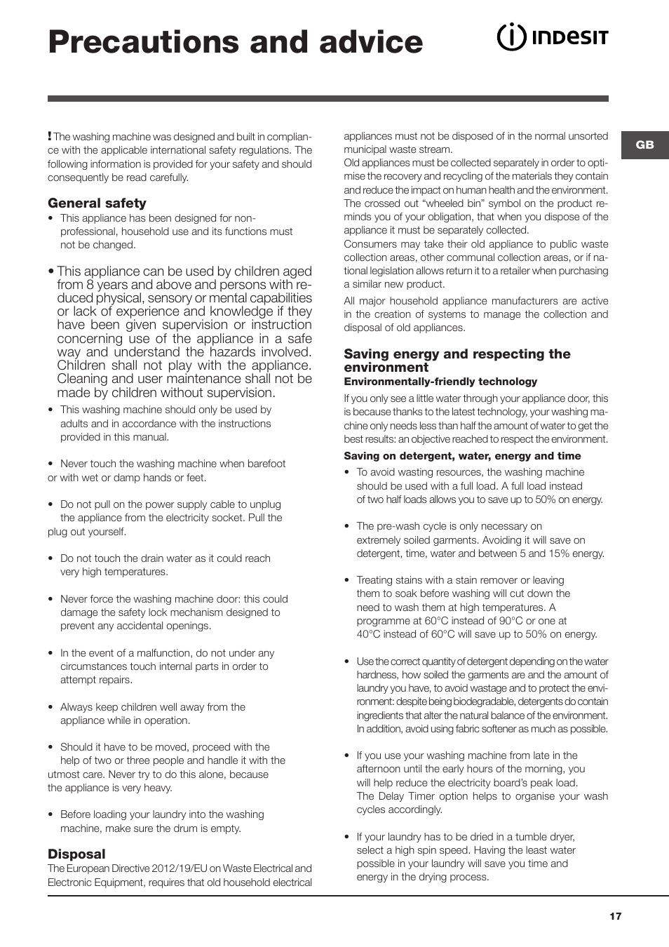 Precautions and advice | Indesit WITL-1051(EU) User Manual | Page 17 / 48