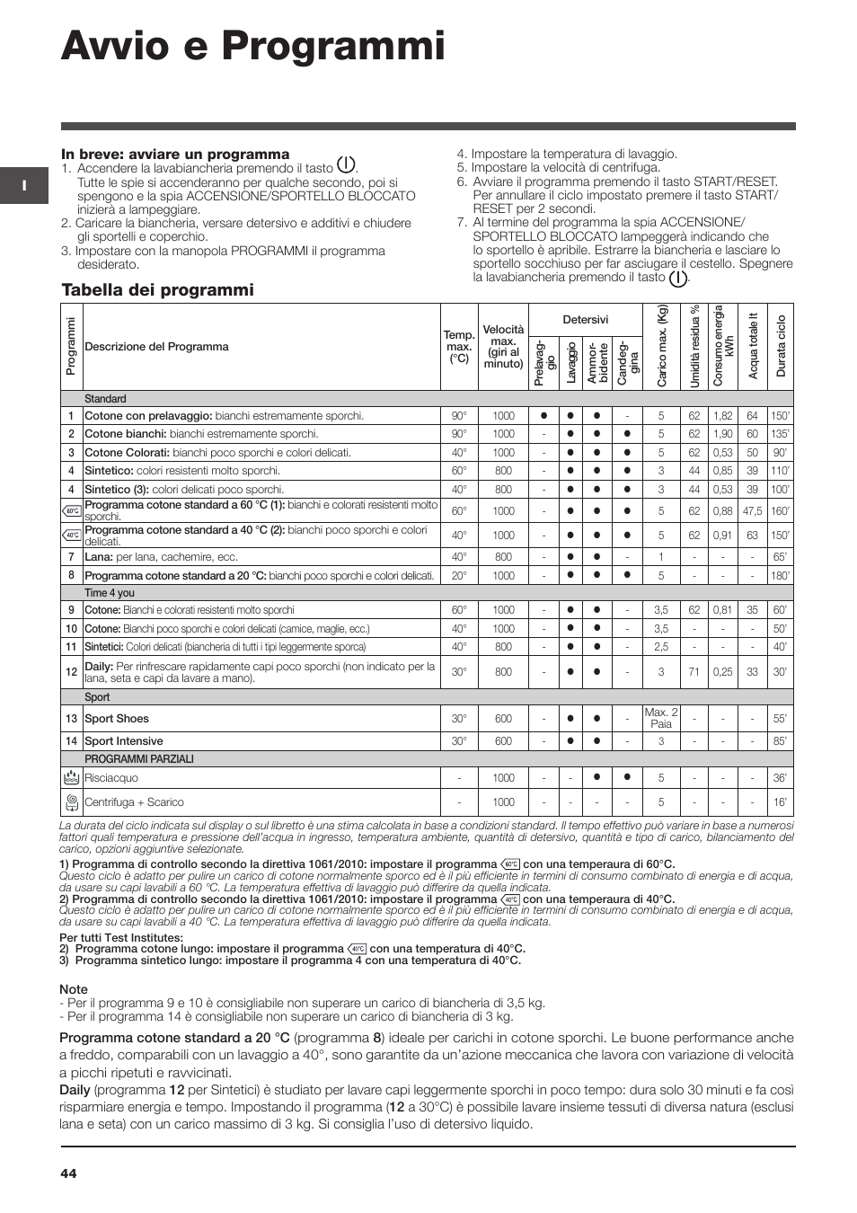 Avvio e programmi, Tabella dei programmi | Indesit WITL-1051(EU) User Manual | Page 44 / 48
