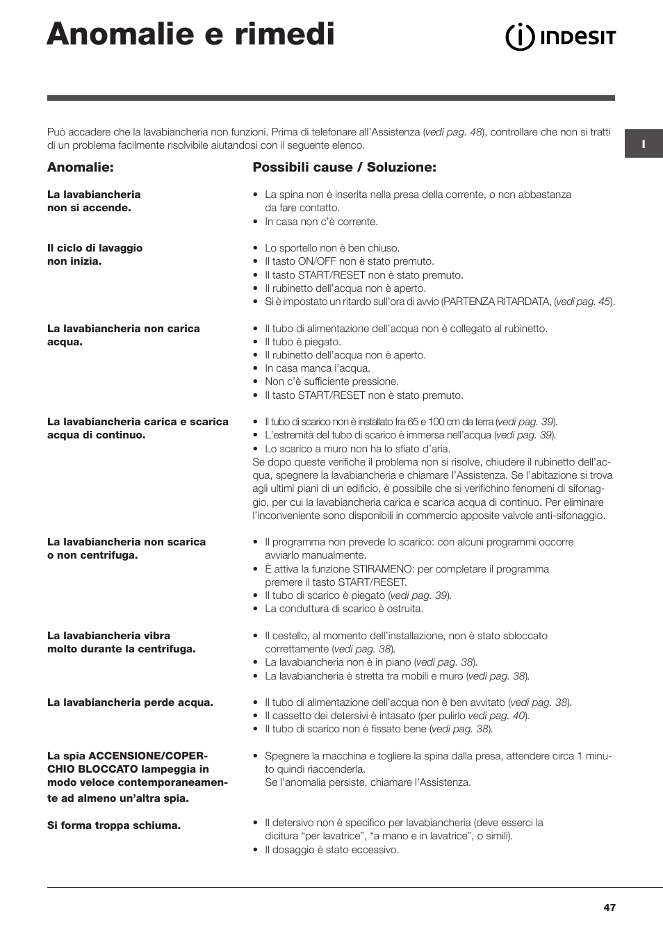 Anomalie e rimedi | Indesit WITL-1051(EU) User Manual | Page 47 / 48
