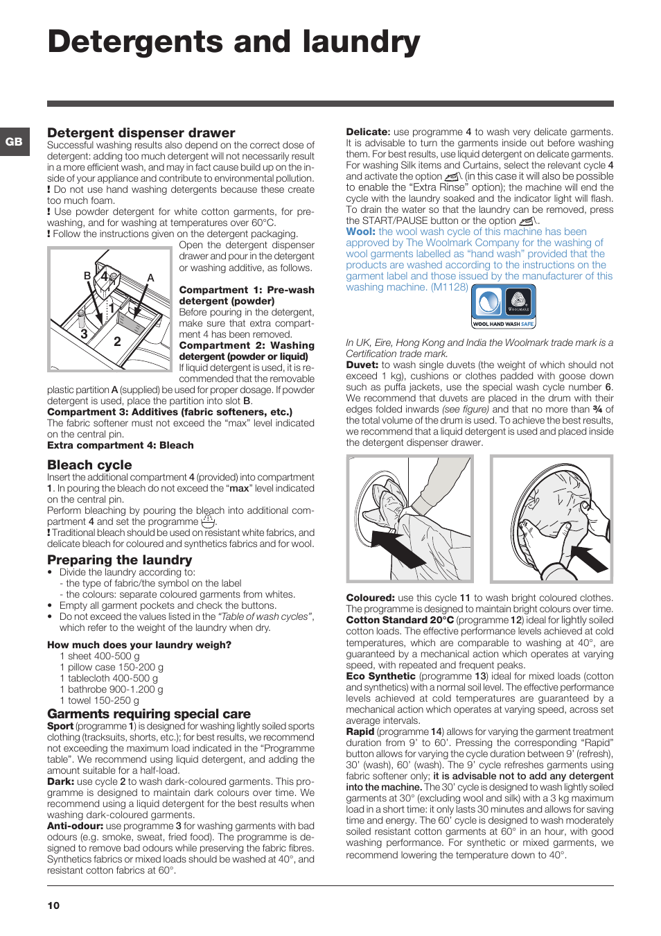 Detergents and laundry, Detergent dispenser drawer, Bleach cycle | Preparing the laundry, Garments requiring special care | Indesit XWSA-61253-W-EU User Manual | Page 10 / 72