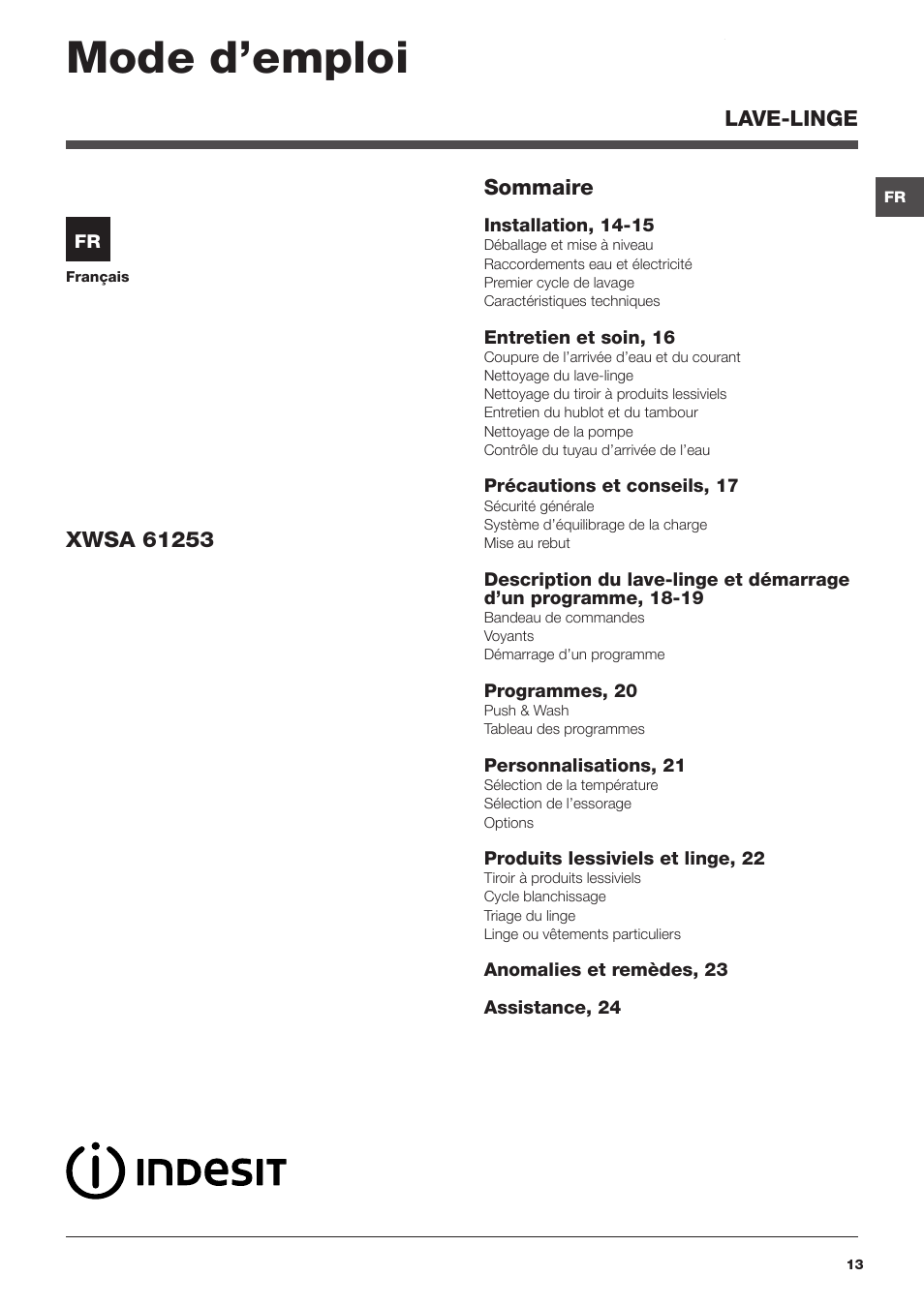 Mode d’emploi | Indesit XWSA-61253-W-EU User Manual | Page 13 / 72