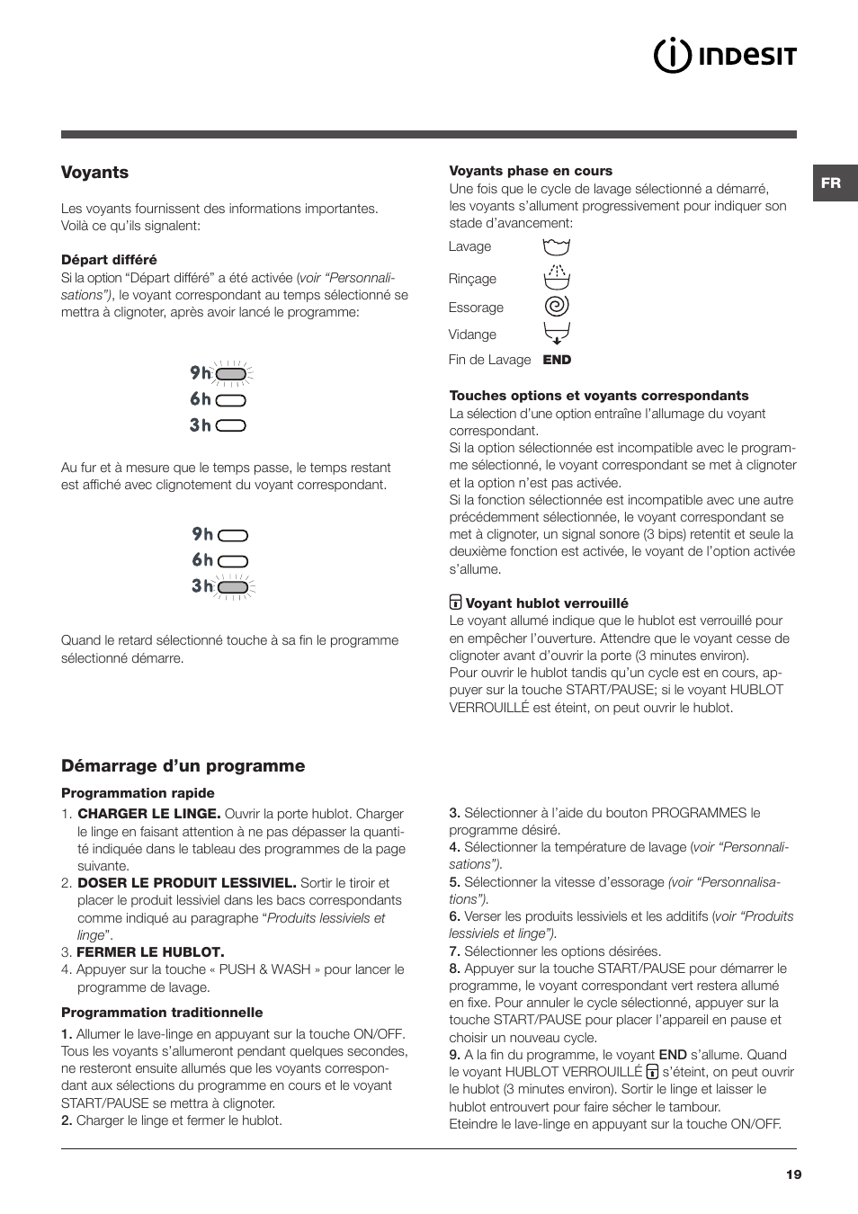 Voyants, Démarrage d’un programme | Indesit XWSA-61253-W-EU User Manual | Page 19 / 72