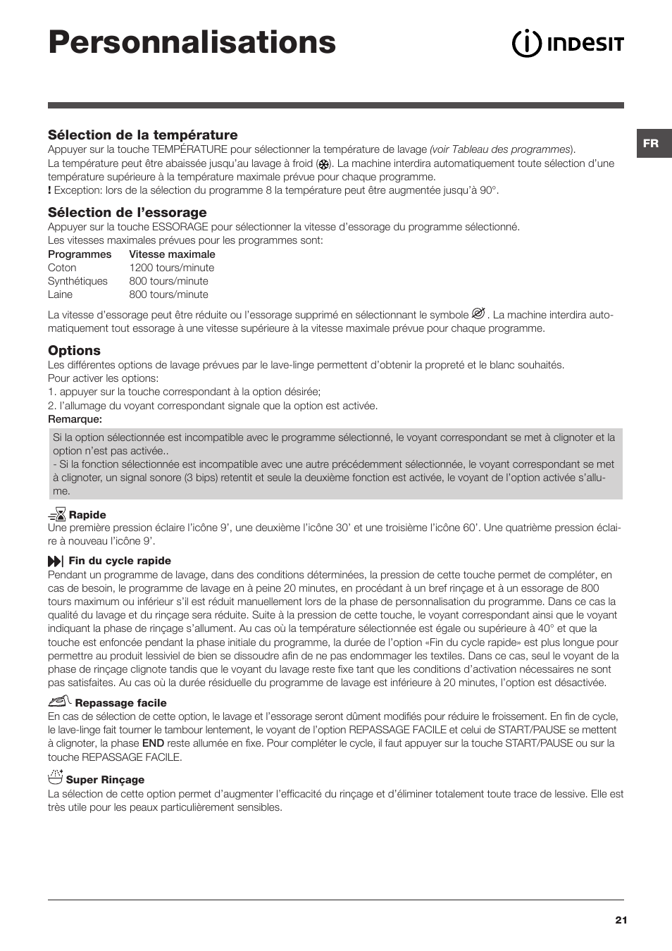 Personnalisations | Indesit XWSA-61253-W-EU User Manual | Page 21 / 72
