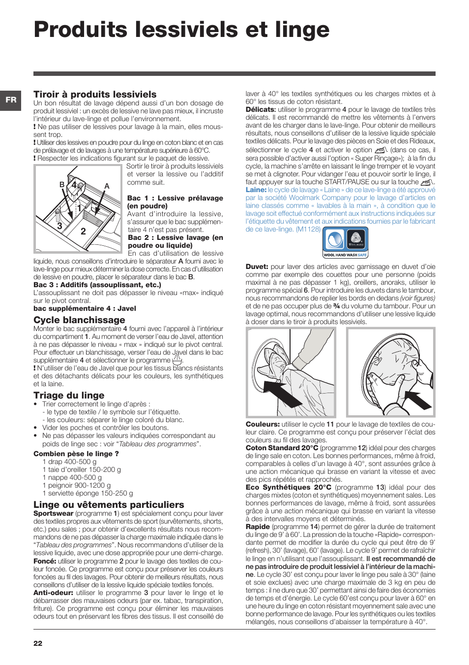 Produits lessiviels et linge, Tiroir à produits lessiviels, Cycle blanchissage | Triage du linge, Linge ou vêtements particuliers | Indesit XWSA-61253-W-EU User Manual | Page 22 / 72
