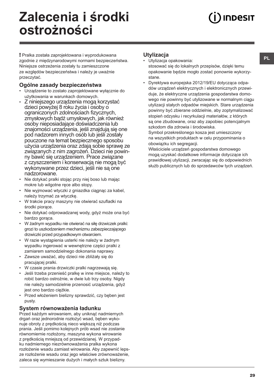 Zalecenia i środki ostrożności | Indesit XWSA-61253-W-EU User Manual | Page 29 / 72