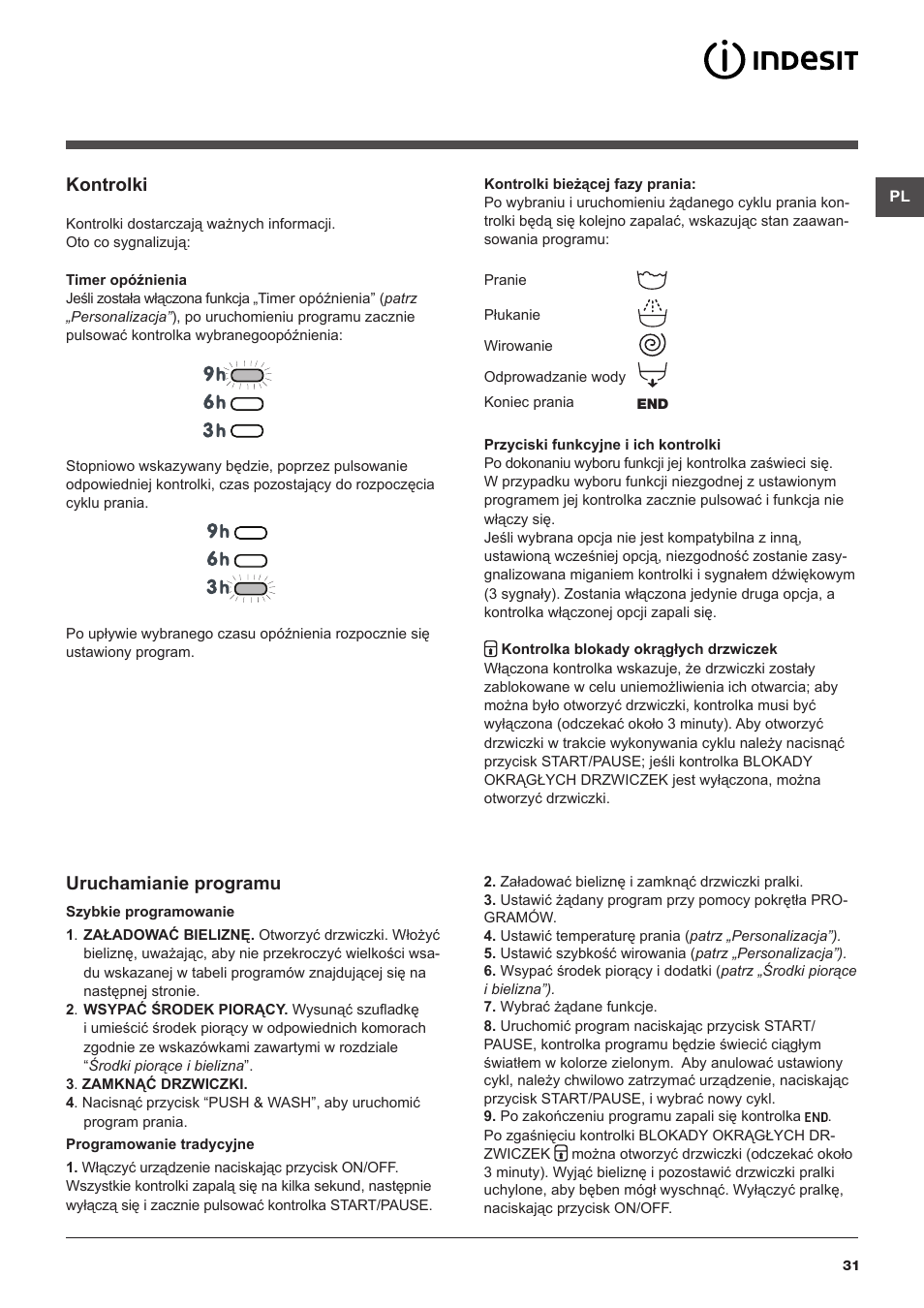 Kontrolki, Uruchamianie programu | Indesit XWSA-61253-W-EU User Manual | Page 31 / 72