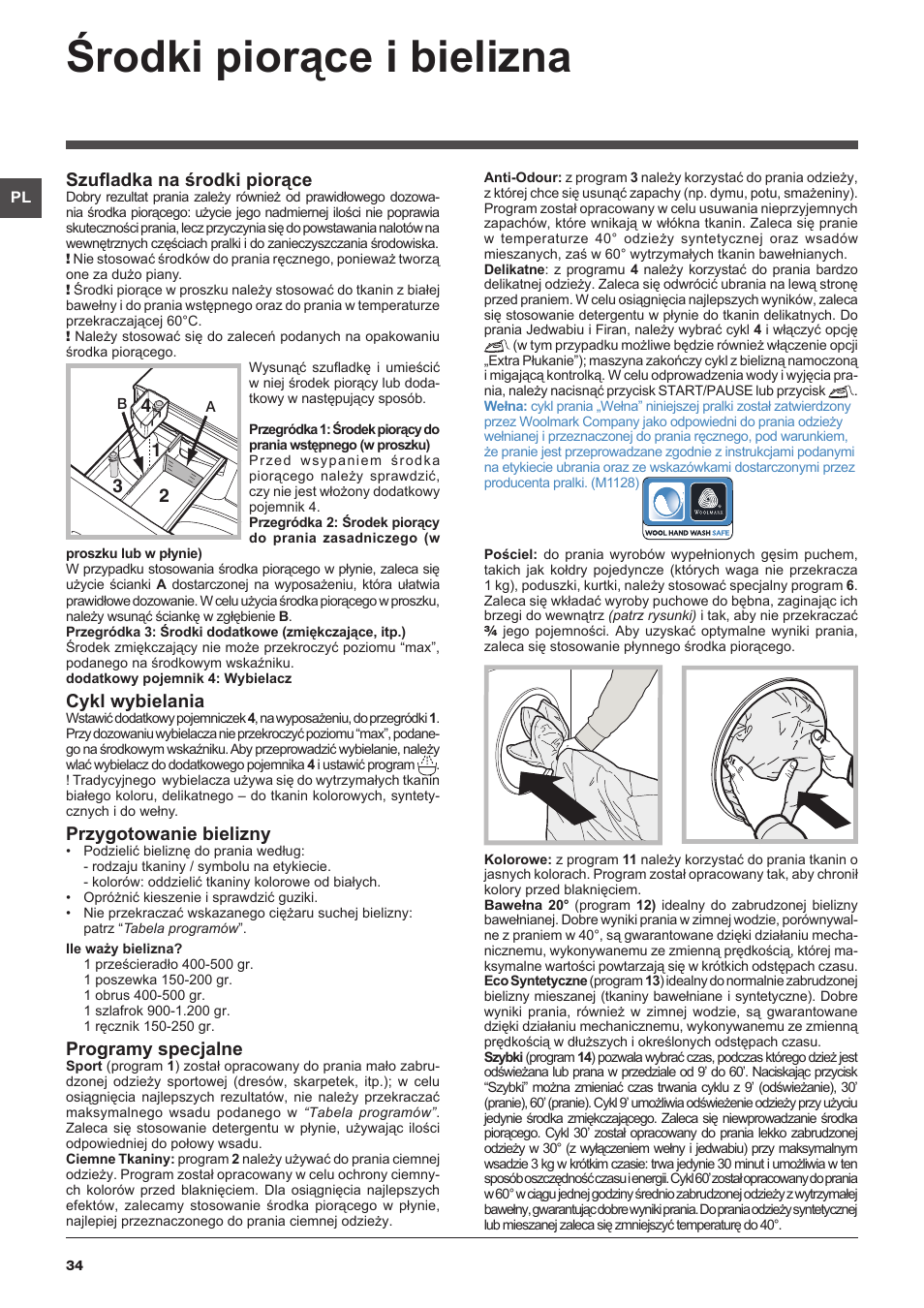 Środki piorące i bielizna, Szufladka na środki piorące, Cykl wybielania | Przygotowanie bielizny, Programy specjalne | Indesit XWSA-61253-W-EU User Manual | Page 34 / 72