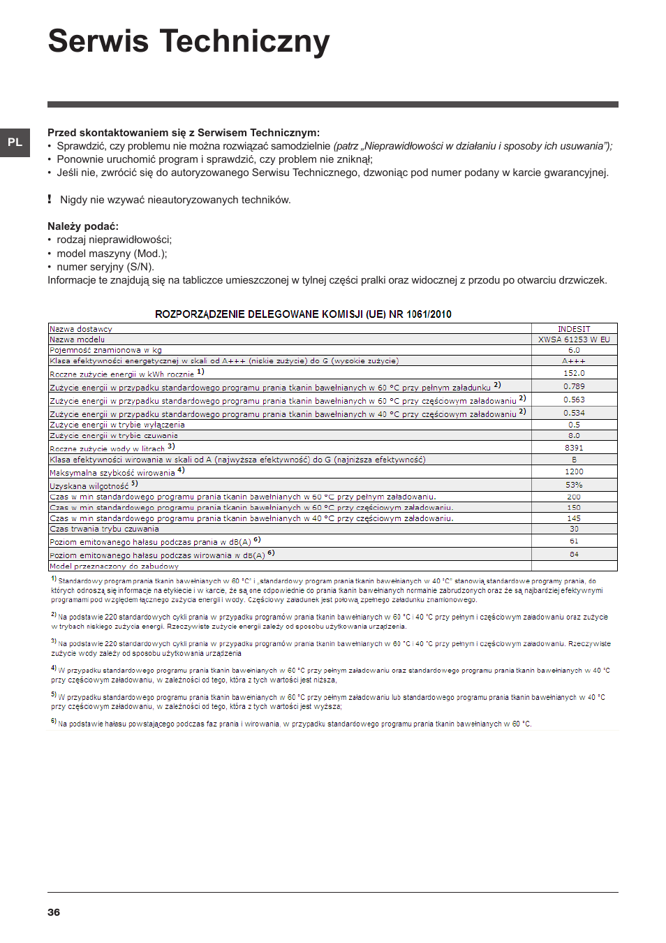 Serwis techniczny | Indesit XWSA-61253-W-EU User Manual | Page 36 / 72
