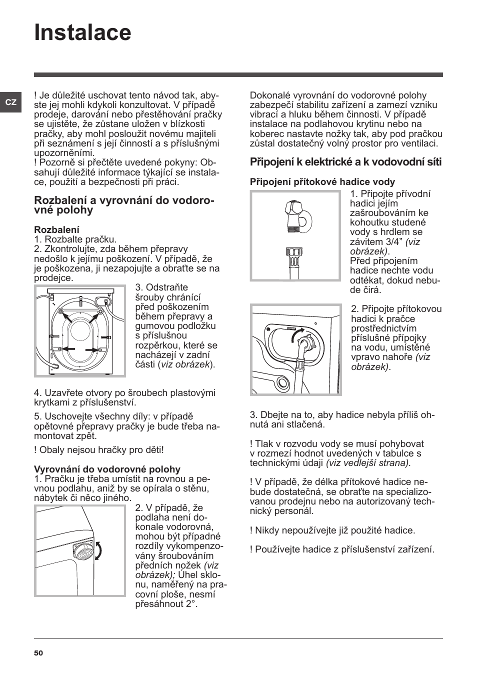 Instalace | Indesit XWSA-61253-W-EU User Manual | Page 50 / 72