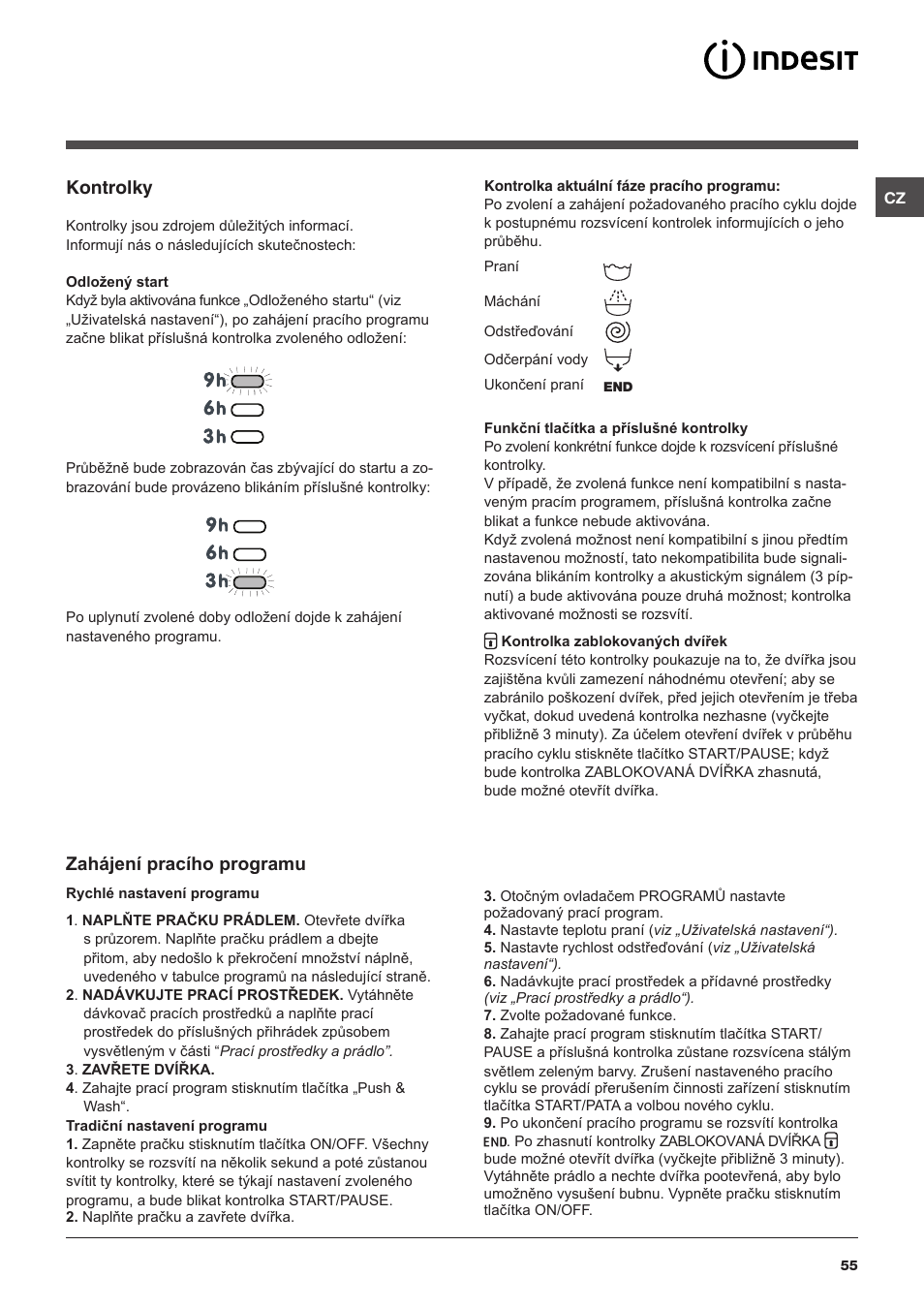 Kontrolky, Zahájení pracího programu | Indesit XWSA-61253-W-EU User Manual | Page 55 / 72