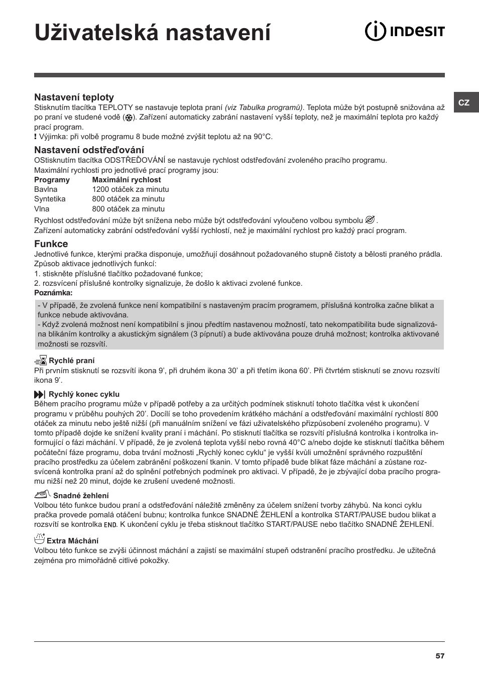 Uživatelská nastavení | Indesit XWSA-61253-W-EU User Manual | Page 57 / 72