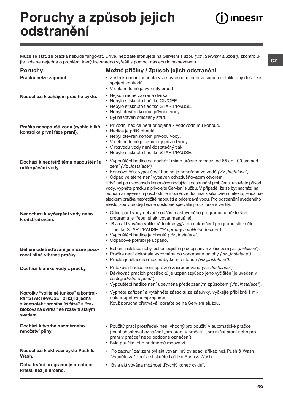 Poruchy a způsob jejich odstranění | Indesit XWSA-61253-W-EU User Manual | Page 59 / 72