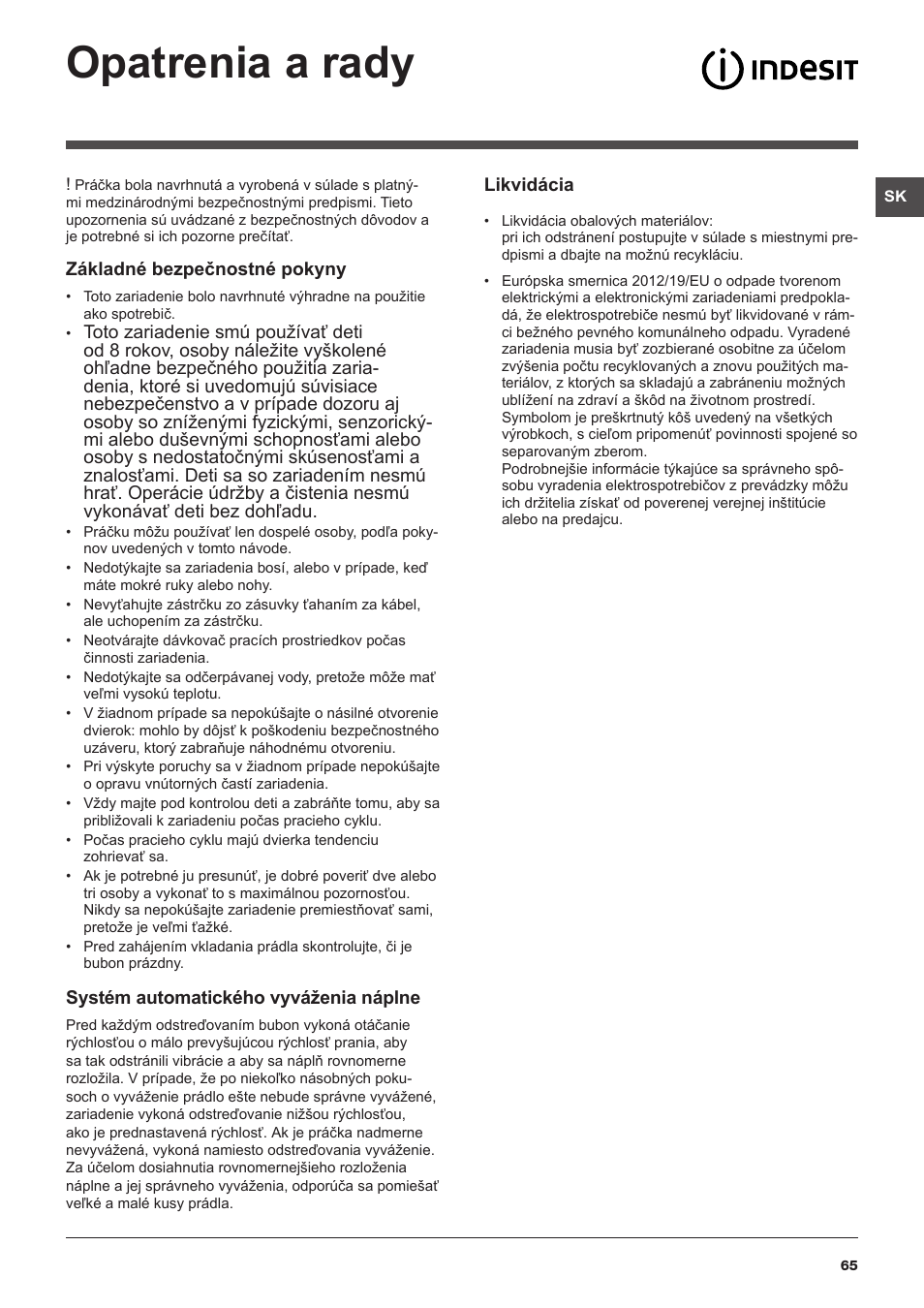 Opatrenia a rady | Indesit XWSA-61253-W-EU User Manual | Page 65 / 72
