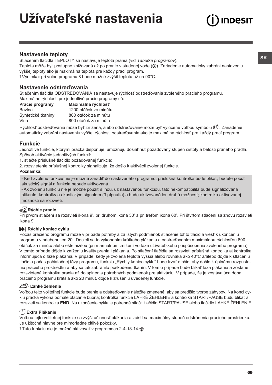 Užívateľské nastavenia | Indesit XWSA-61253-W-EU User Manual | Page 69 / 72