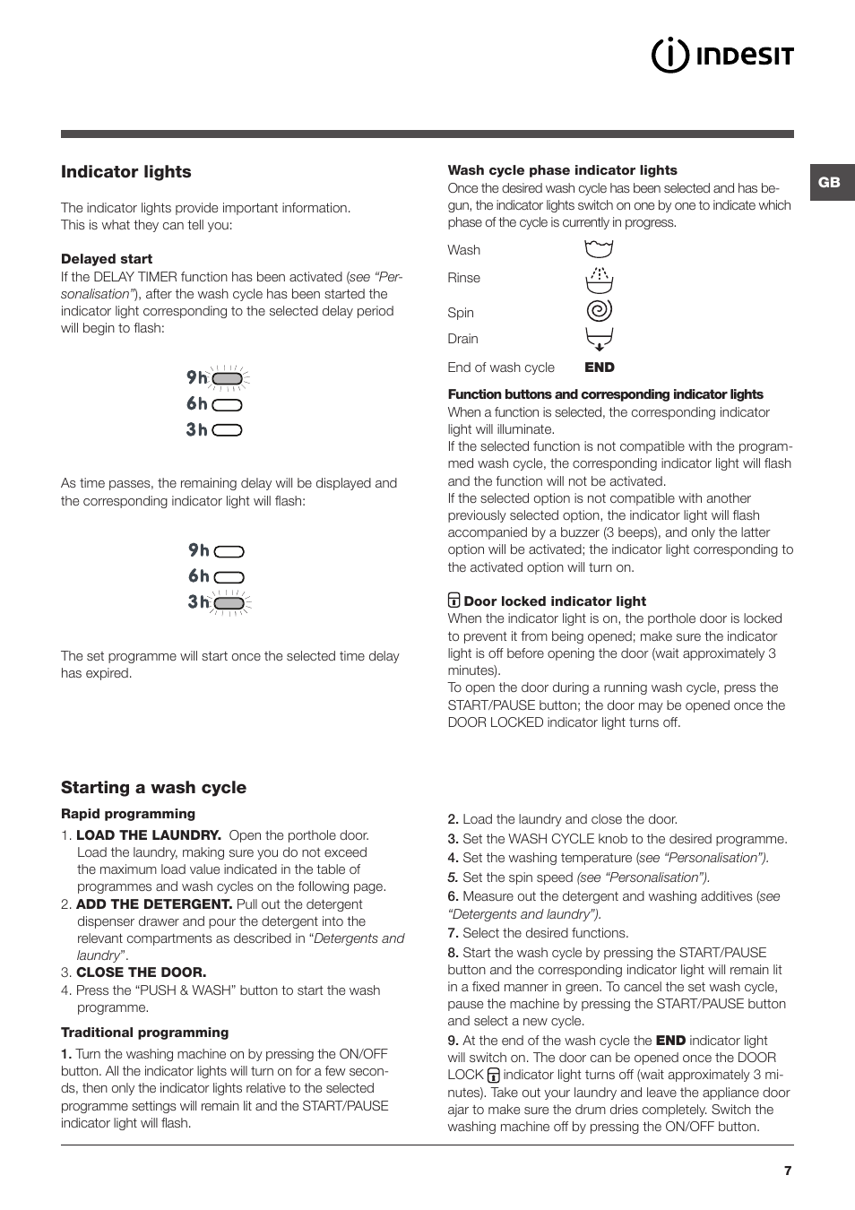 Indicator lights, Starting a wash cycle | Indesit XWSA-61253-W-EU User Manual | Page 7 / 72