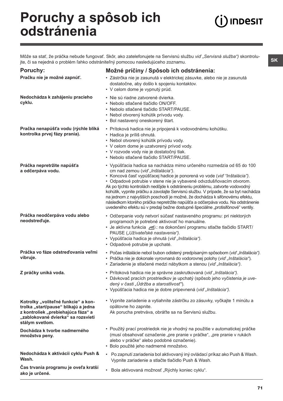 Poruchy a spôsob ich odstránenia | Indesit XWSA-61253-W-EU User Manual | Page 71 / 72