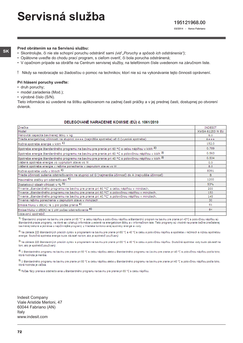 Servisná služba | Indesit XWSA-61253-W-EU User Manual | Page 72 / 72