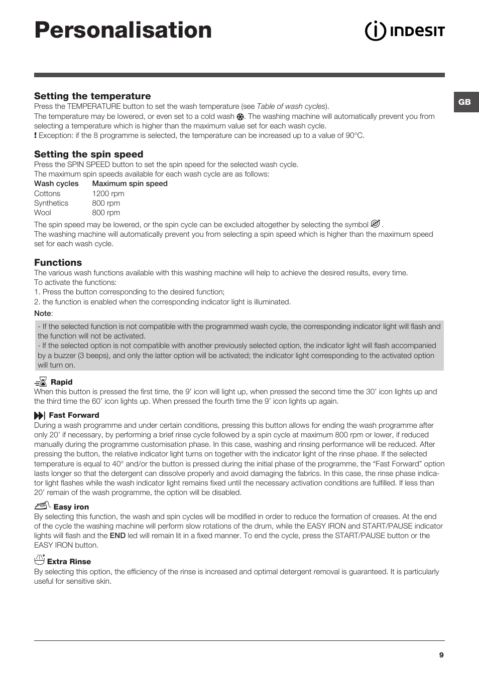 Personalisation | Indesit XWSA-61253-W-EU User Manual | Page 9 / 72