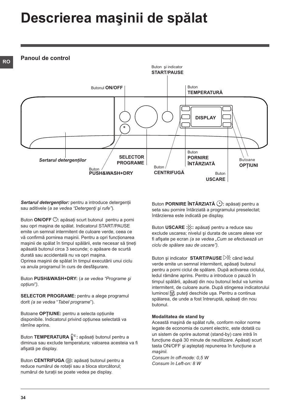 Descrierea maşinii de spălat, Panoul de control | Indesit XWDE-961480X-WSSS-EU User Manual | Page 34 / 44