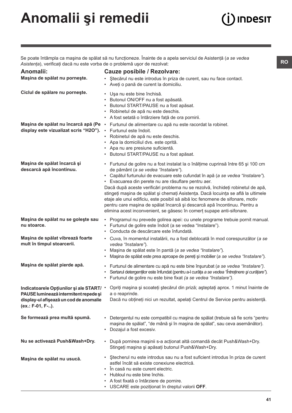 Anomalii şi remedii | Indesit XWDE-961480X-WSSS-EU User Manual | Page 41 / 44