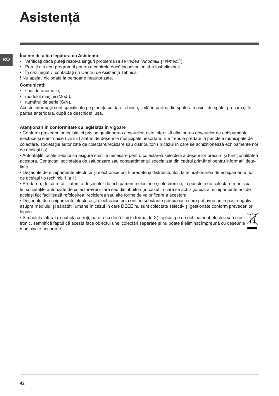 Asistenţă | Indesit XWDE-961480X-WSSS-EU User Manual | Page 42 / 44