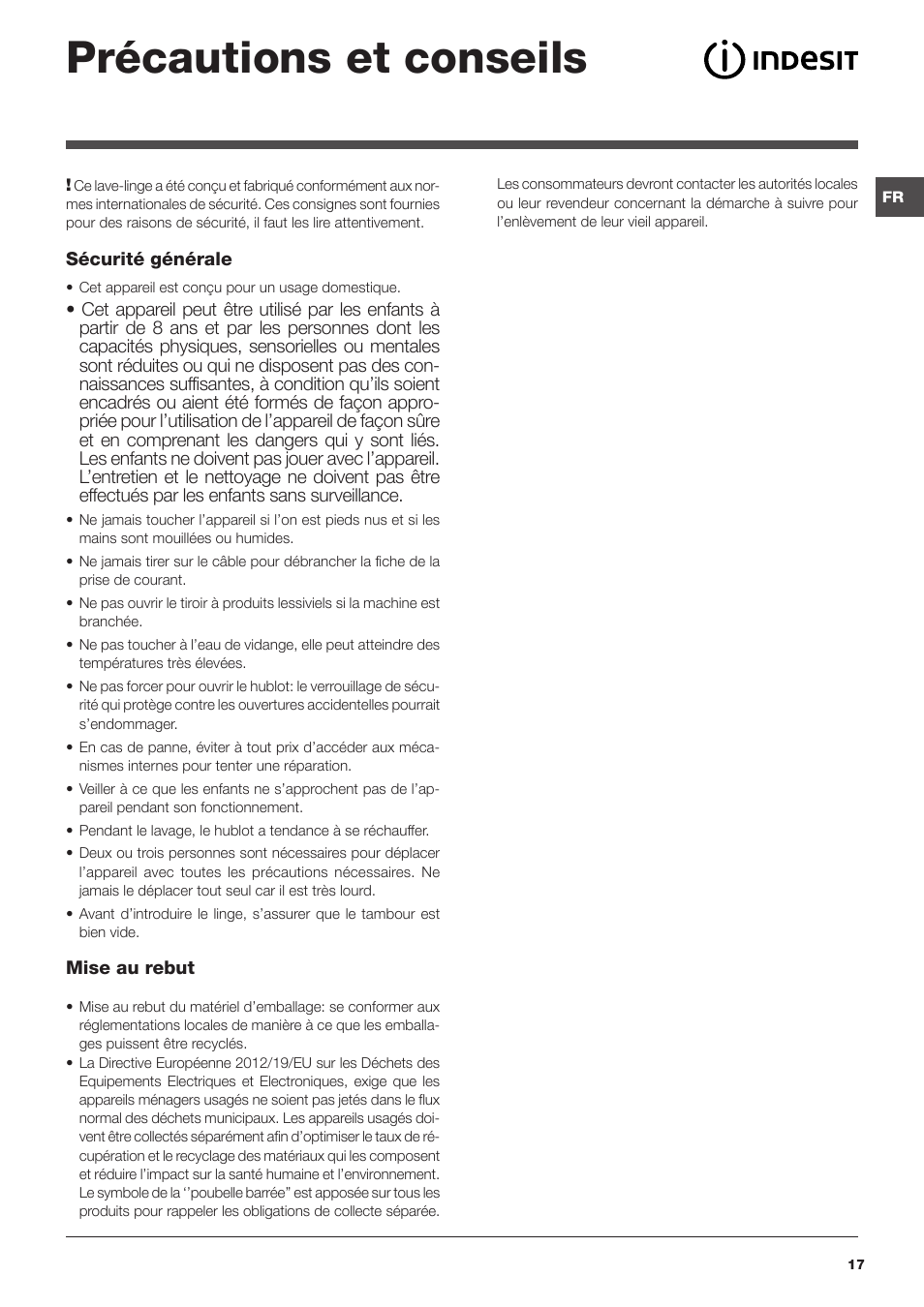 Précautions et conseils | Indesit IWSNC-51051X9-EU User Manual | Page 17 / 48