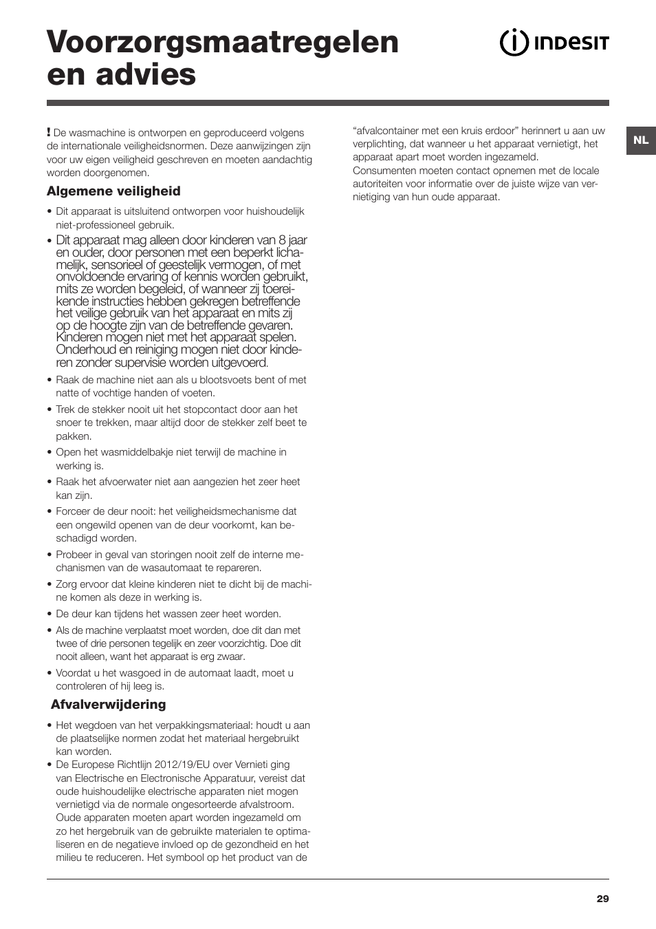 Voorzorgsmaatregelen en advies | Indesit IWSNC-51051X9-EU User Manual | Page 29 / 48
