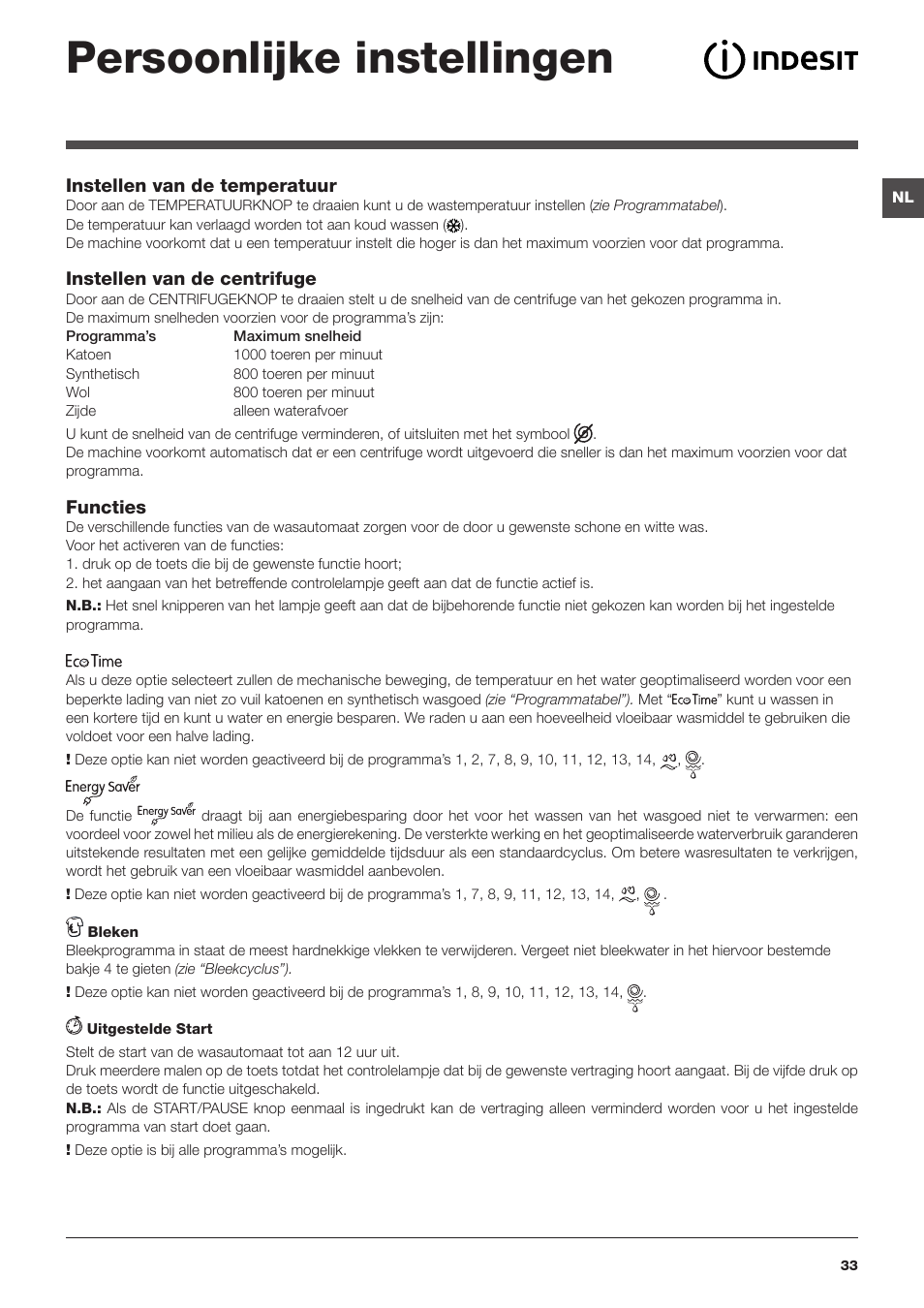 Persoonlijke instellingen | Indesit IWSNC-51051X9-EU User Manual | Page 33 / 48