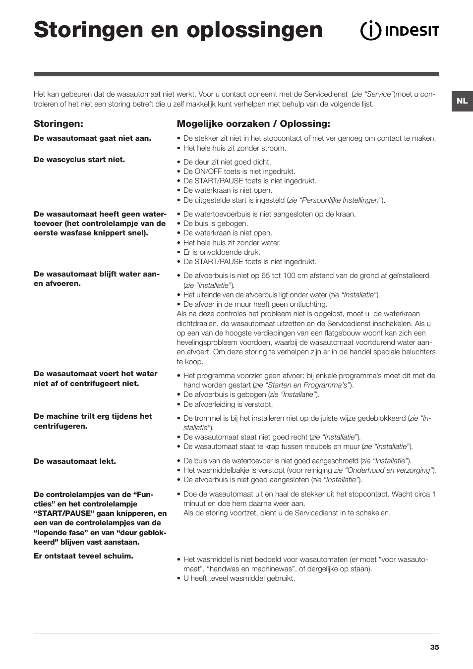 Storingen en oplossingen | Indesit IWSNC-51051X9-EU User Manual | Page 35 / 48