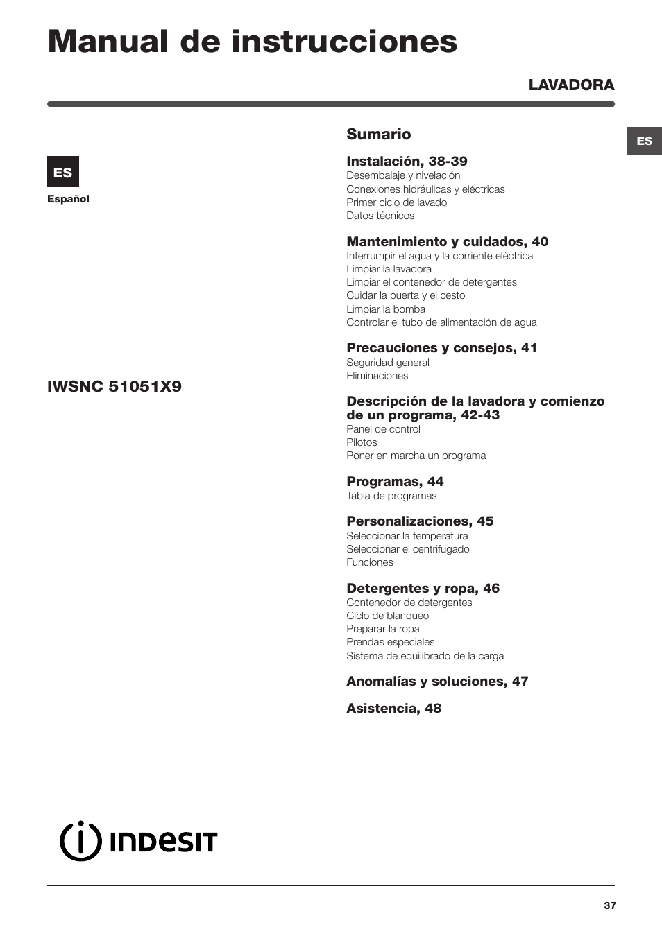 Manual de instrucciones | Indesit IWSNC-51051X9-EU User Manual | Page 37 / 48