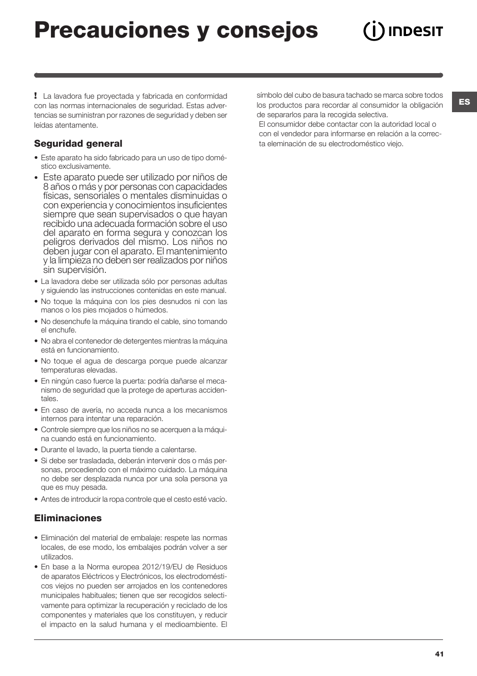 Precauciones y consejos | Indesit IWSNC-51051X9-EU User Manual | Page 41 / 48