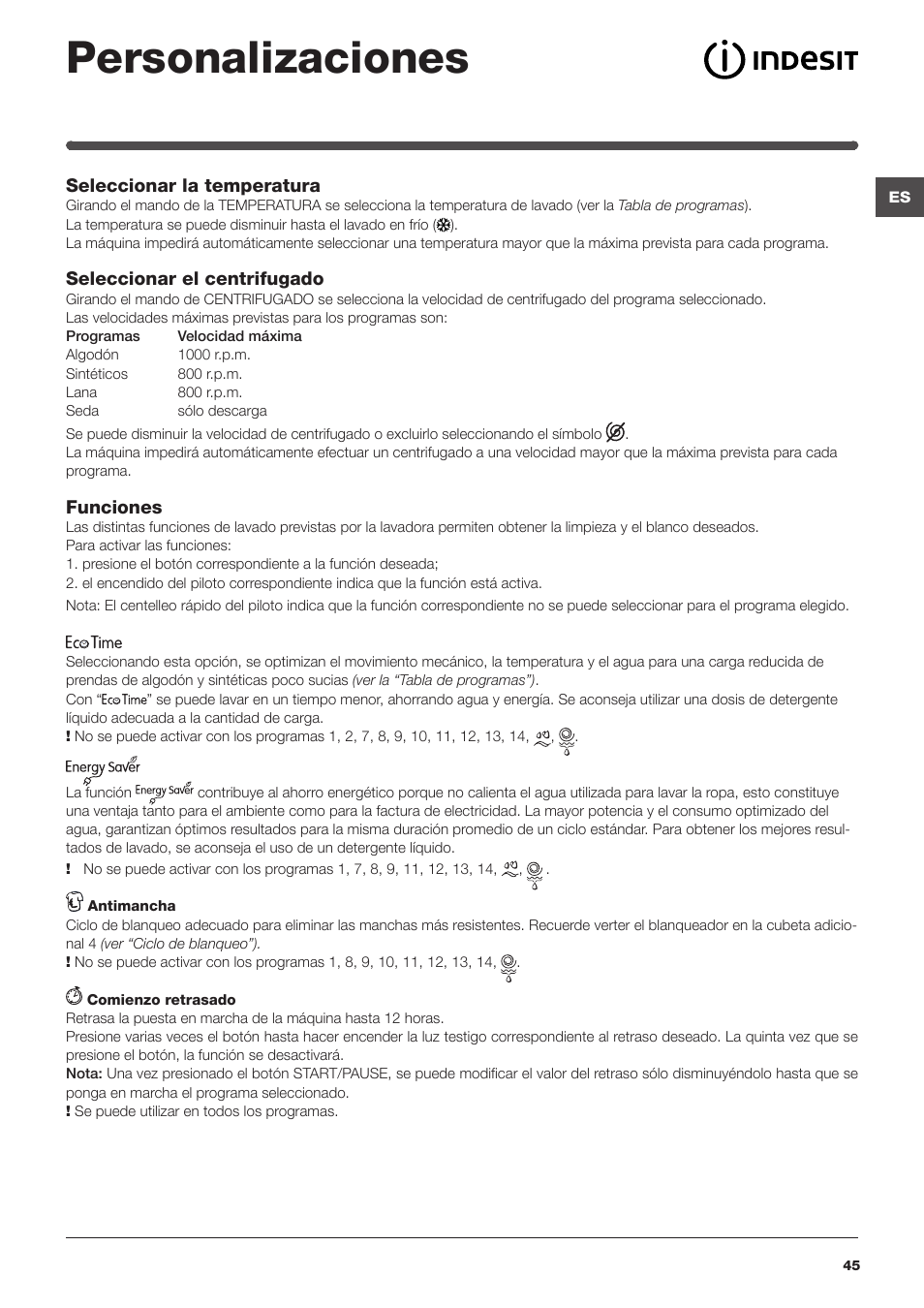 Personalizaciones | Indesit IWSNC-51051X9-EU User Manual | Page 45 / 48